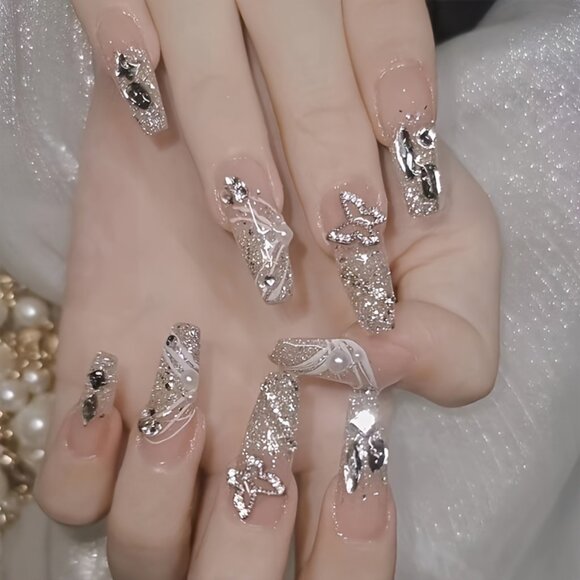 24-Piece Long Square Nude Nail Set with Butterfly, Pearl Embellishments